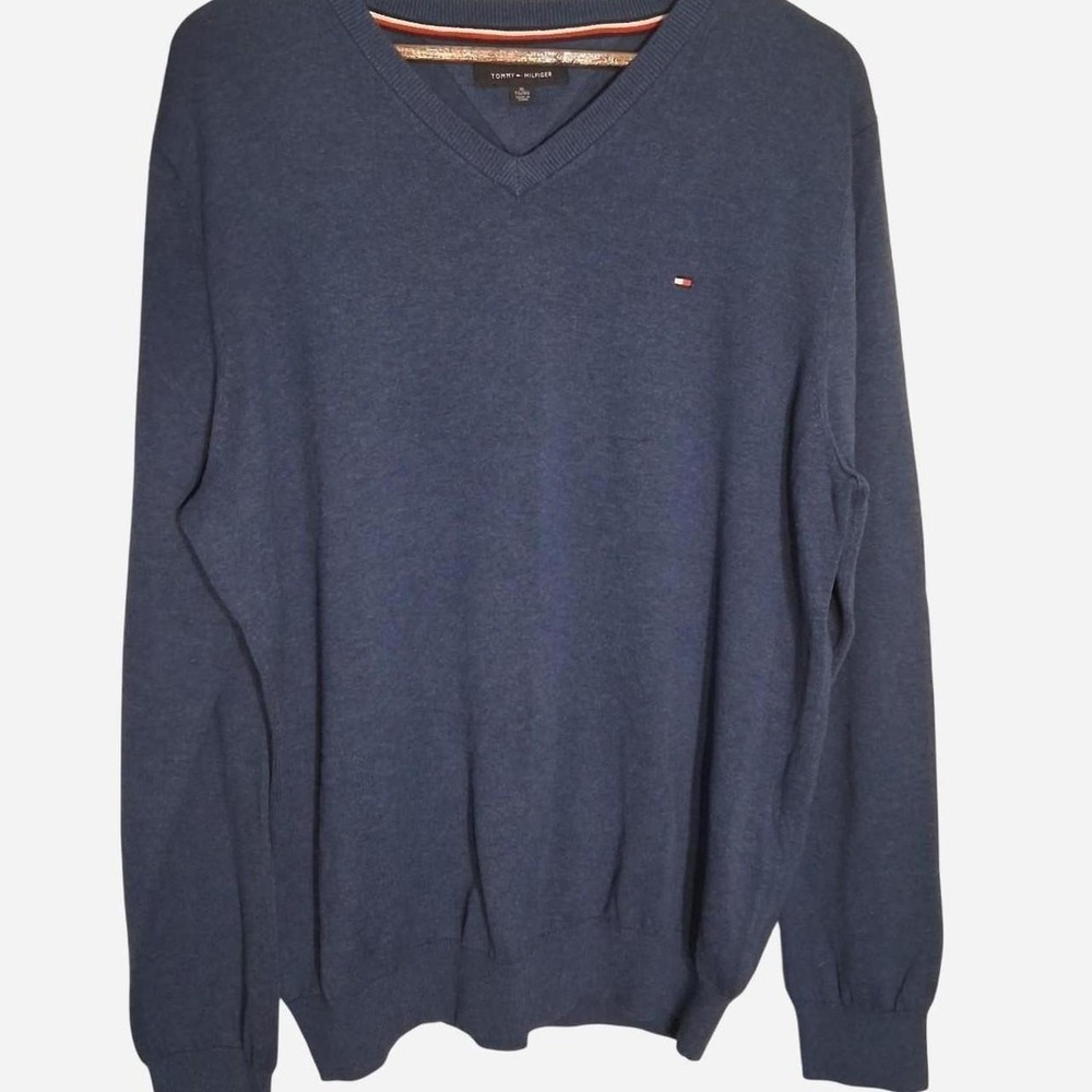 Mens Tommy Hilfiger blue v-neck sweater embroidered chest logo